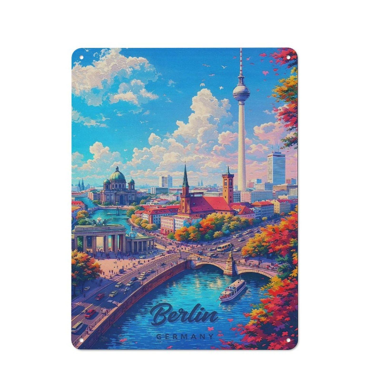 Junmoney Style-19 Metal Wall Plaque With Vibrant Berlin Cityscape With Fernsehturm Design 40X30cm, Simple Retro Studio Wall Plaque For Hobby Room, Office, Lounge Or Living Room