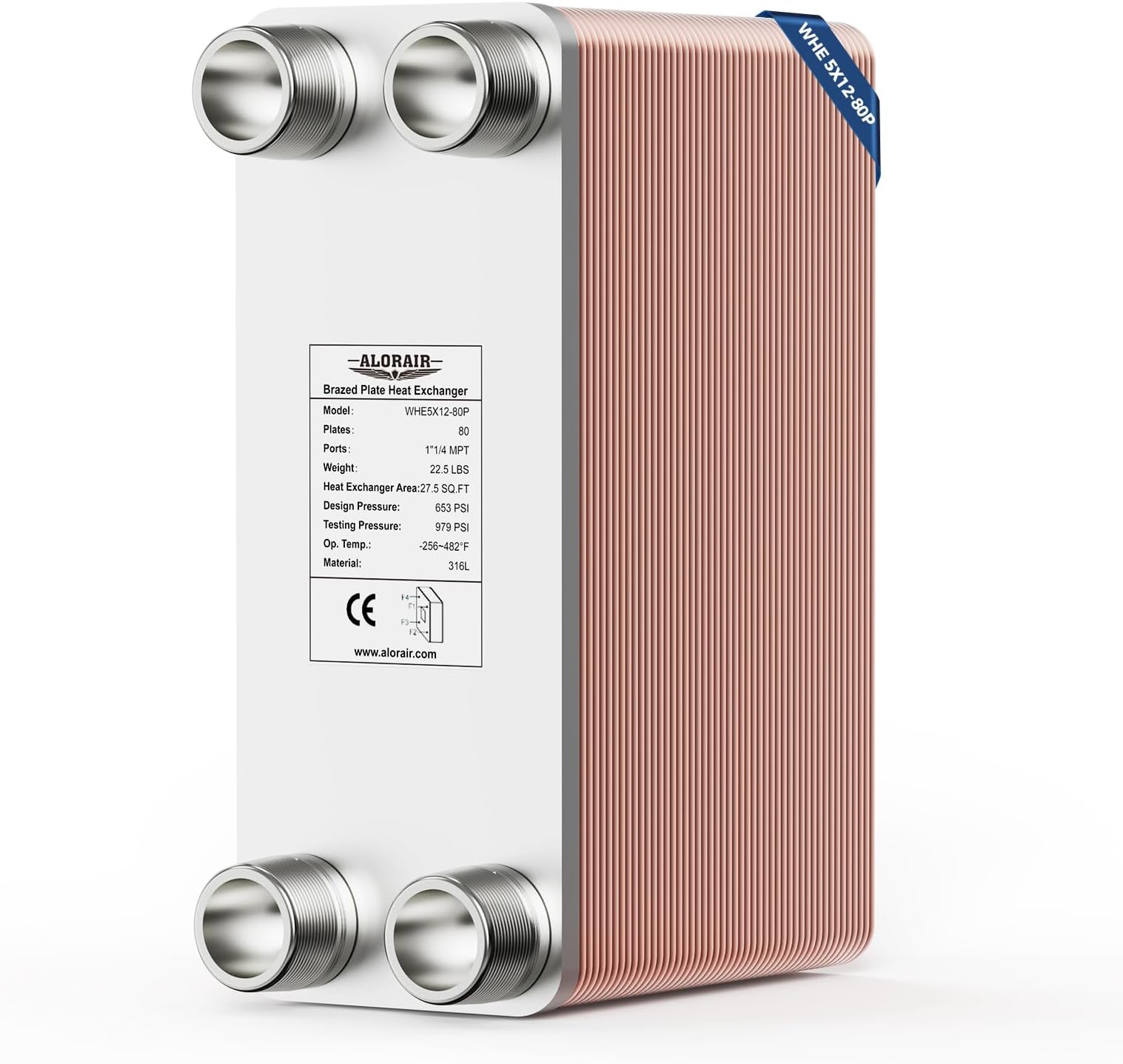 ALORAIR 5"x12" 80 Plates Heat Exchanger with 1-1/4" MPT Port,316L Stainless Steel Water to Water Brazed Plate Heat Exchanger for Floor Heating, Water Heating, Commercial and Industrial Refrigeration