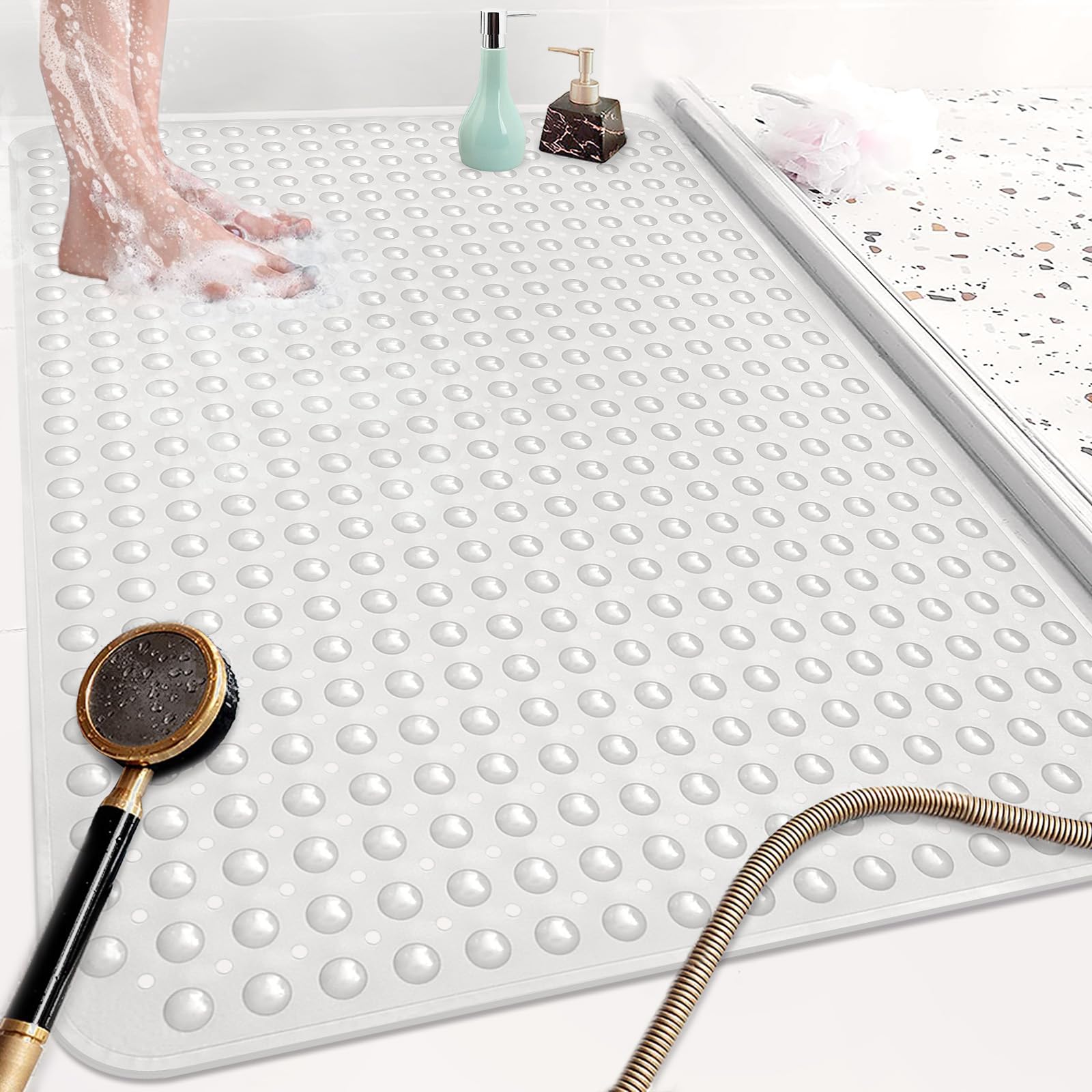 Alfombrilla de ducha grande antideslizante, 80 x 120 cm: suave TPE con orificios de drenaje y ventosas, alfombrilla antideslizante para ducha, lavable a máquina, antibacteriana, resistente al