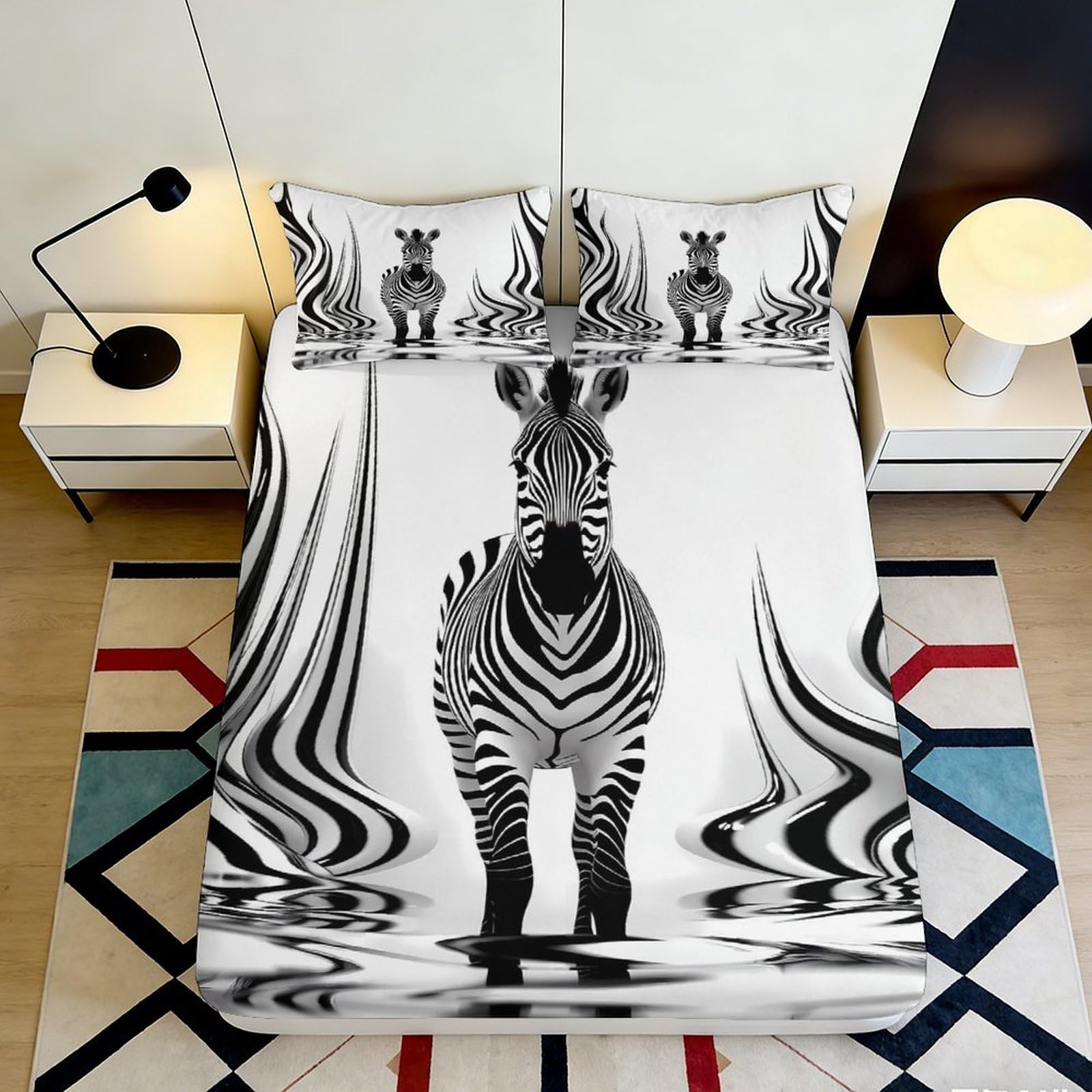 3D Printed Zebra Reflection Fitted Sheet Microfiber Soft Bedroom Decor Mattress Cover for Home Dorm Protection 90x200x25cm