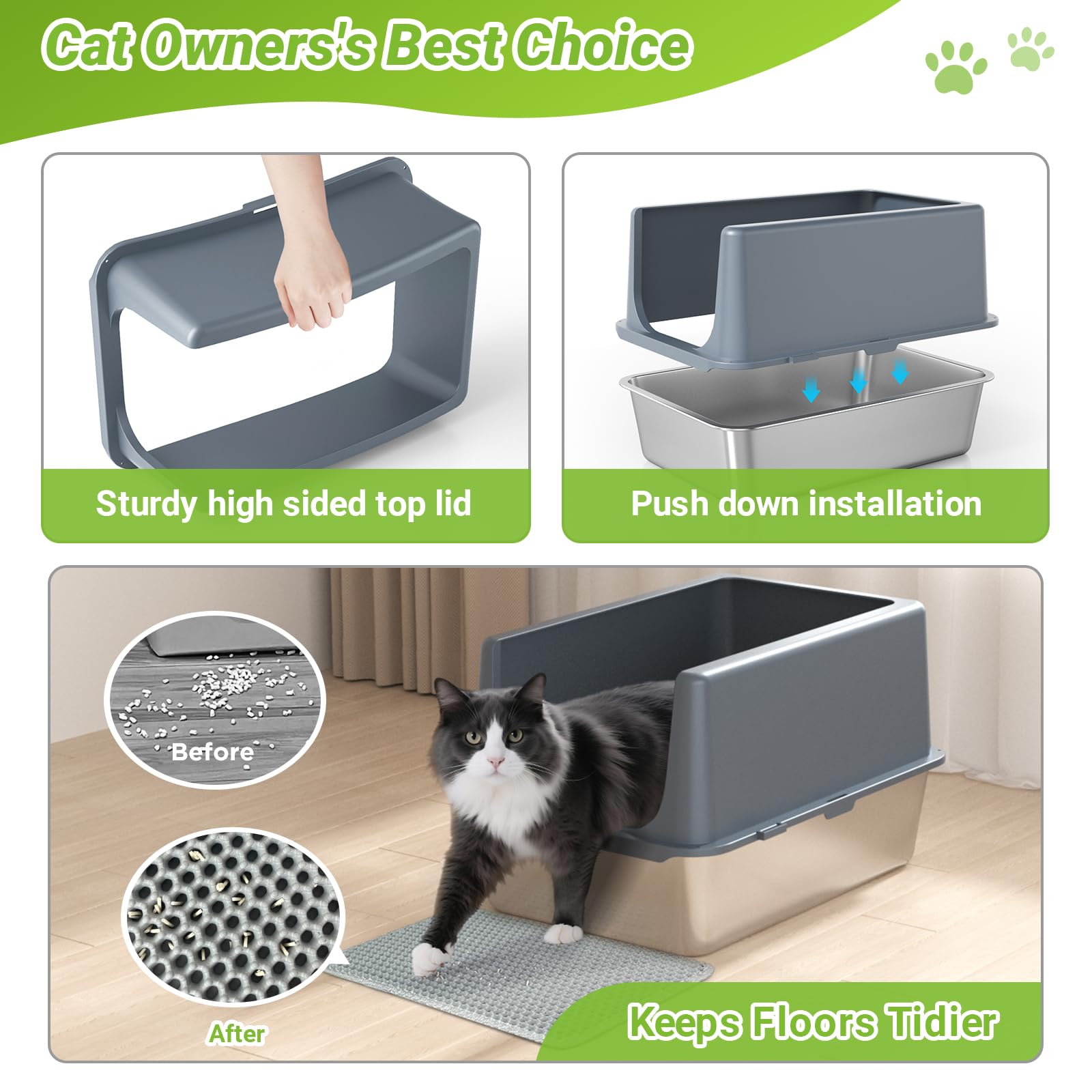 LIHONG Stainless Steel Cat Litter Box, XL Metal with Lid, Cat Litter Pan for Large Cats, Non-Sticky Large Kitty Litter Box, Anti-Leakage, 23.5" X 15.5" X 14" XXL - image 4