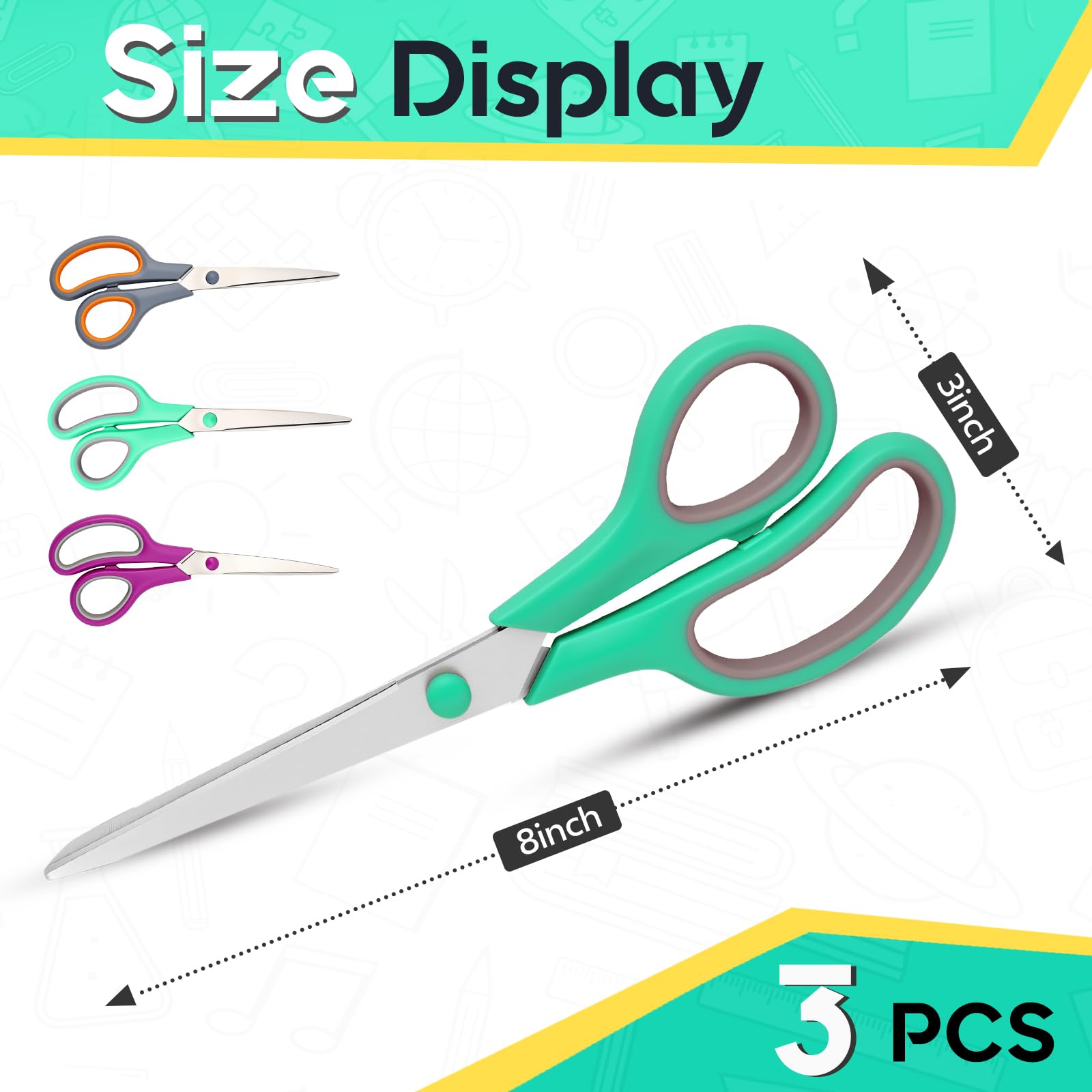 Scissors 8.5 Inch scissors all purpose for Office, Home, Sewing,and Crafts,Soft Comfort-Grip Right/Left Hand 3-Pack, Multicolor - 2