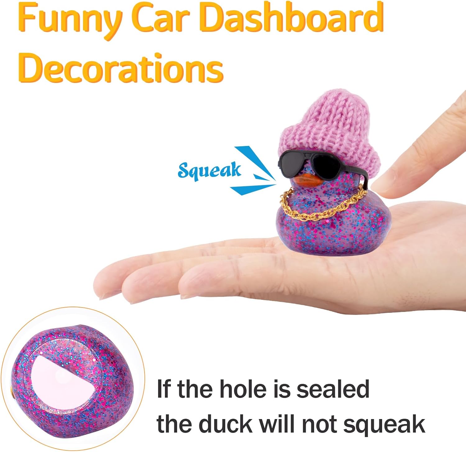 wonuu Car Dashboard Glitter Rubber Ducks, Festival Decorations Rubber Ducky for Car Ornament Cute Duck with Knit Hat, Glasses, Necklace, Blue