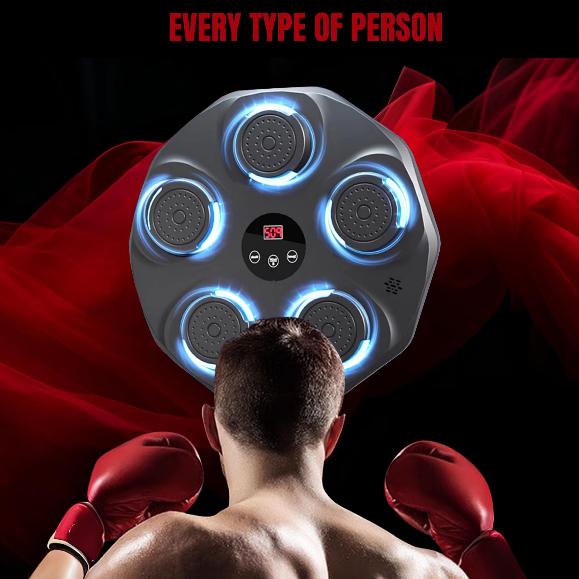 MAGIC SELECT Máquina de Boxeo Musical Equipo de Entrenamiento para Pared con LED, Guantes de Boxeo, Bluetooth y Luces al Ritmo de la Música. Maquina de Boxeo para Niños/Adultos. (9 Modos, 43x43 cm)