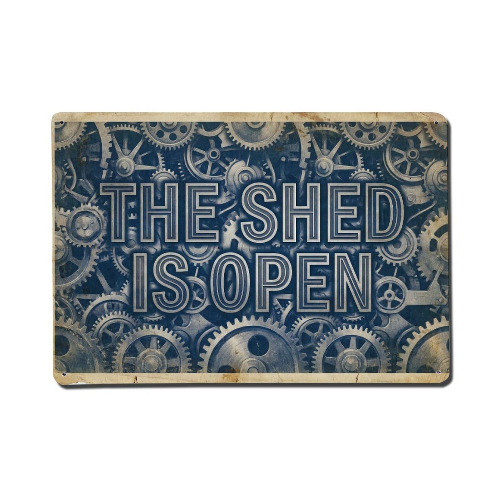 Shed Open Welcome Tools Projects DIY Workshop Metal Tin Sign Plaque Wall Decor for Cafe, Man Cave, Club Bar, Office, Home Garden Round Metal Poster 8x12Inch