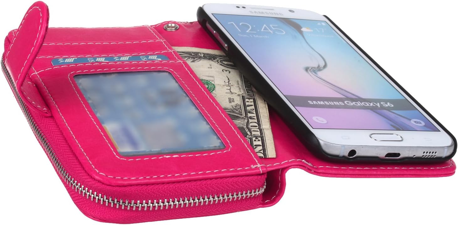 E LV Purse Case for Samsung Galaxy S6-2IN1 (CASE Cum Purse) PU Leather flip Wallet Bag Pouch Case Cover for Samsung Galaxy S6 - HOT Pink