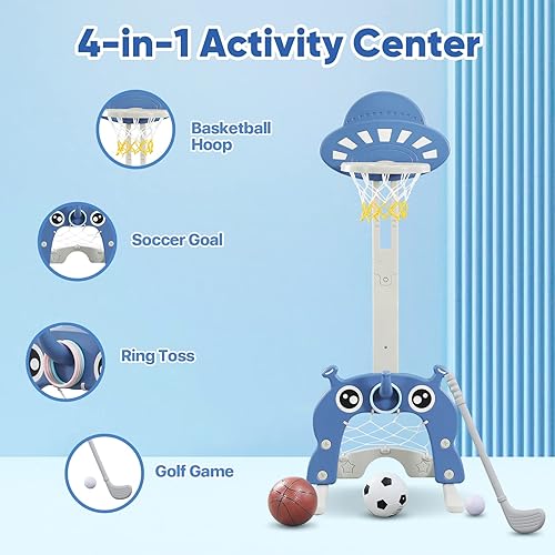 Miniatura 2 de Aro de baloncesto para niños, centro de actividades deportivas portátil 4 en 1 para interiores y exteriores, altura ajustable de 49 a 70 pulgadas,