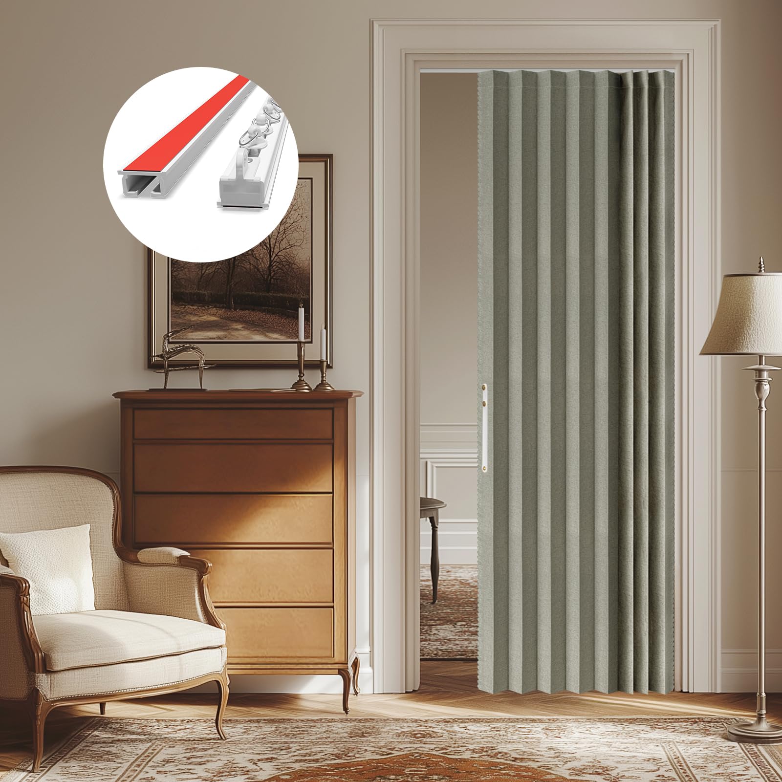 AJAZZ 100% Blackout Curtains with Adhesive Ceiling Curtain Track Accordion Door Interior No-Drill Room Divider for Doorway Bedroom 43 x 79 Inch Grey Set