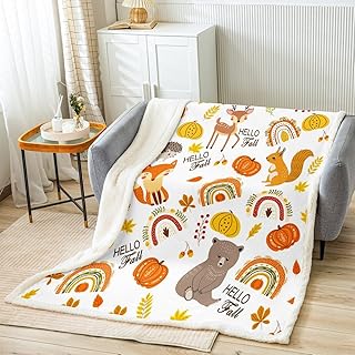 Manfei Fall Throw Blanket Pumpkin Leaves Cartoon Rainbow Fox Bear Deer Bed Blanket for Kids Girls, Autumn Harvest Blanket for Couch Sofa, Soft and Breathable Fleece Blanket(50 x 60 Inches)