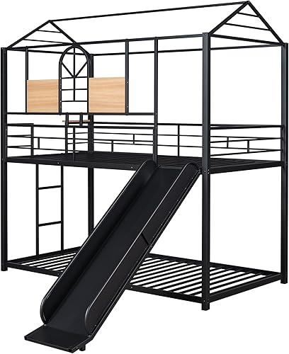 Miniatura 3 de GLCHQ Litera de metal de diseño multifuncional individual sobre individual con escalera tobogán especialmente para dormitorio de niños blanco con