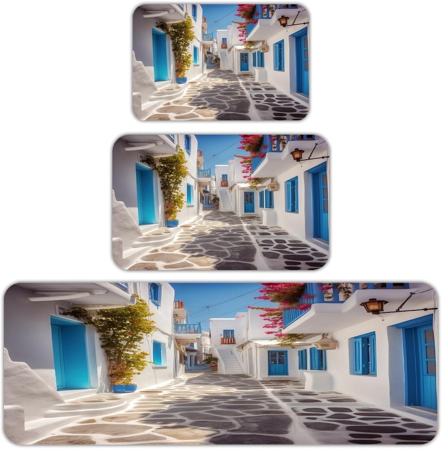 Greece Street Kitchen Mat Set of 3 Waterproof Floor Mats Non-Slip Kitchen Rugs Premium Flannel Rug Heavy Duty Standing Mat for Kitchen Home Bathroom Laundry