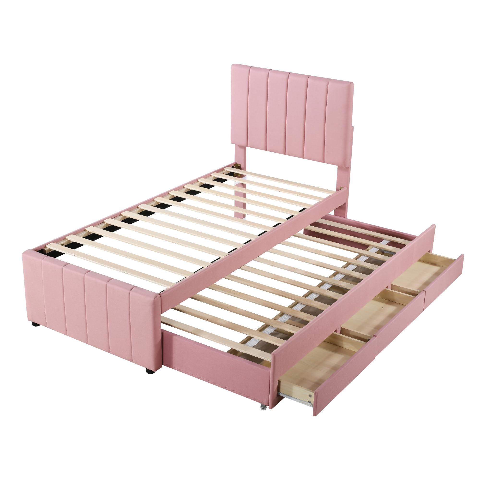 SACOOL Cama tapizada, 90 x 200 cm, con cama plegable y cajones de almacenamiento, acolchado de lino agradable para la piel, cama individual, cama infantil, cama juvenil, cama de invitados (rosa)