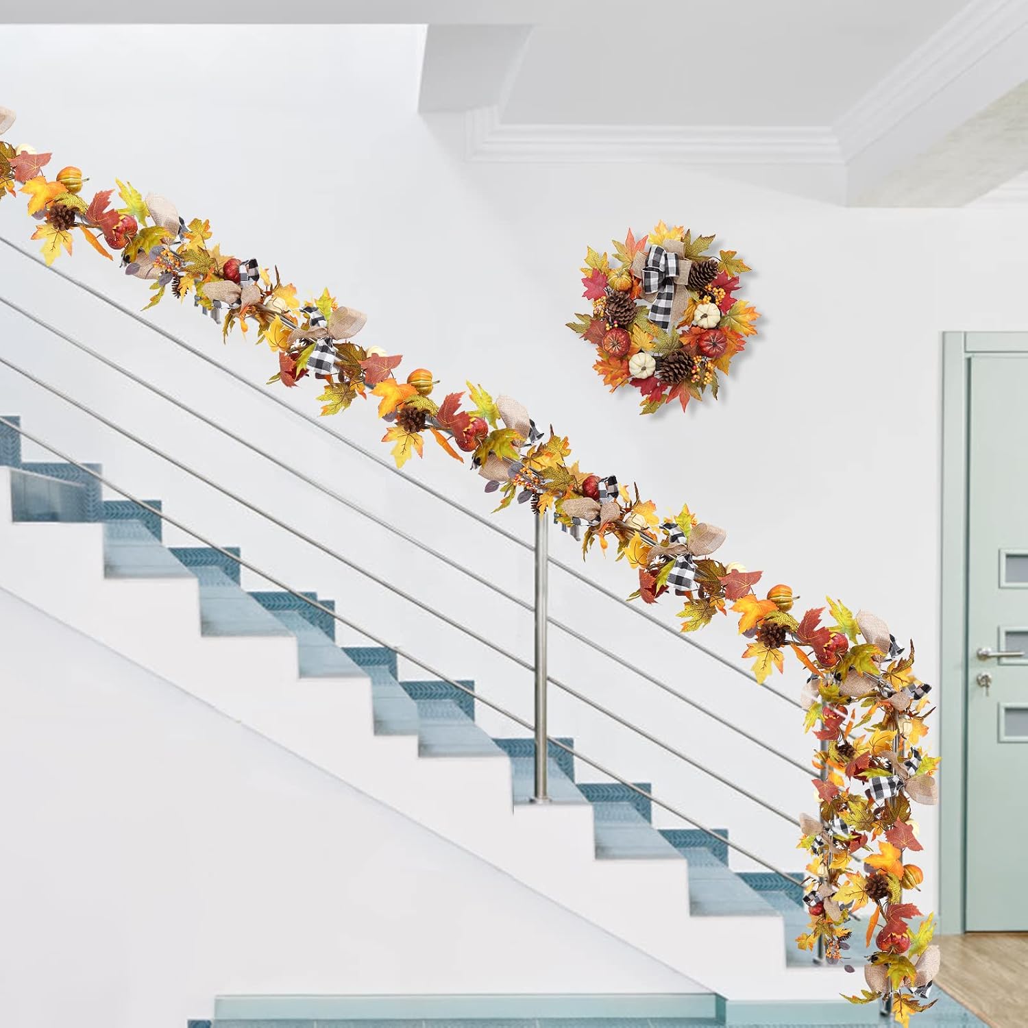 6 Ft Thanksgiving Fall Garland Decor, Artificial Autumn Garlands with Pumpkins, Maple Leaves, Ribbon and Pine Cone for Indoor Outdoor Fireplace Window Home Decoration
