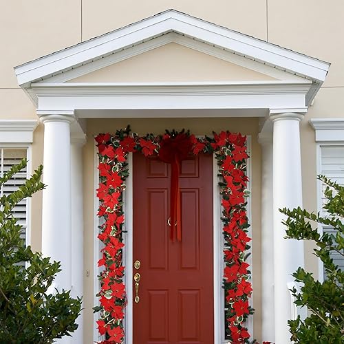 Miniatura 6 de 2 guirnaldas de Navidad, guirnalda de flores rojas artificiales de 13 pies con bayas y hojas de acebo para Navidad, vacaciones, Año Nuevo,