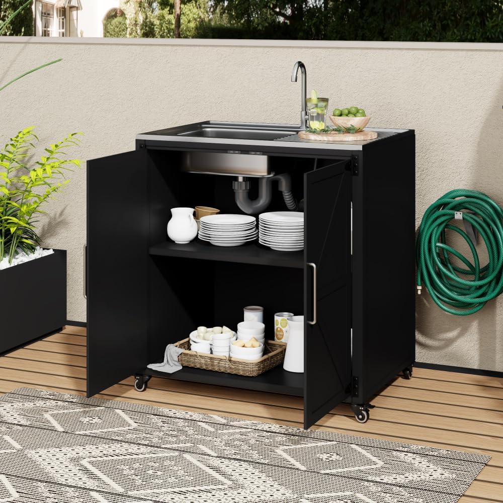 Outdoor Mobile Kitchen Sink Station with Cabinet & Lockable Wheels | 304 Stainless Steel Countertop & Iron Frame | All-Weather Portable Sink Unit for Patio, Garden, Backyard (Matte Black)