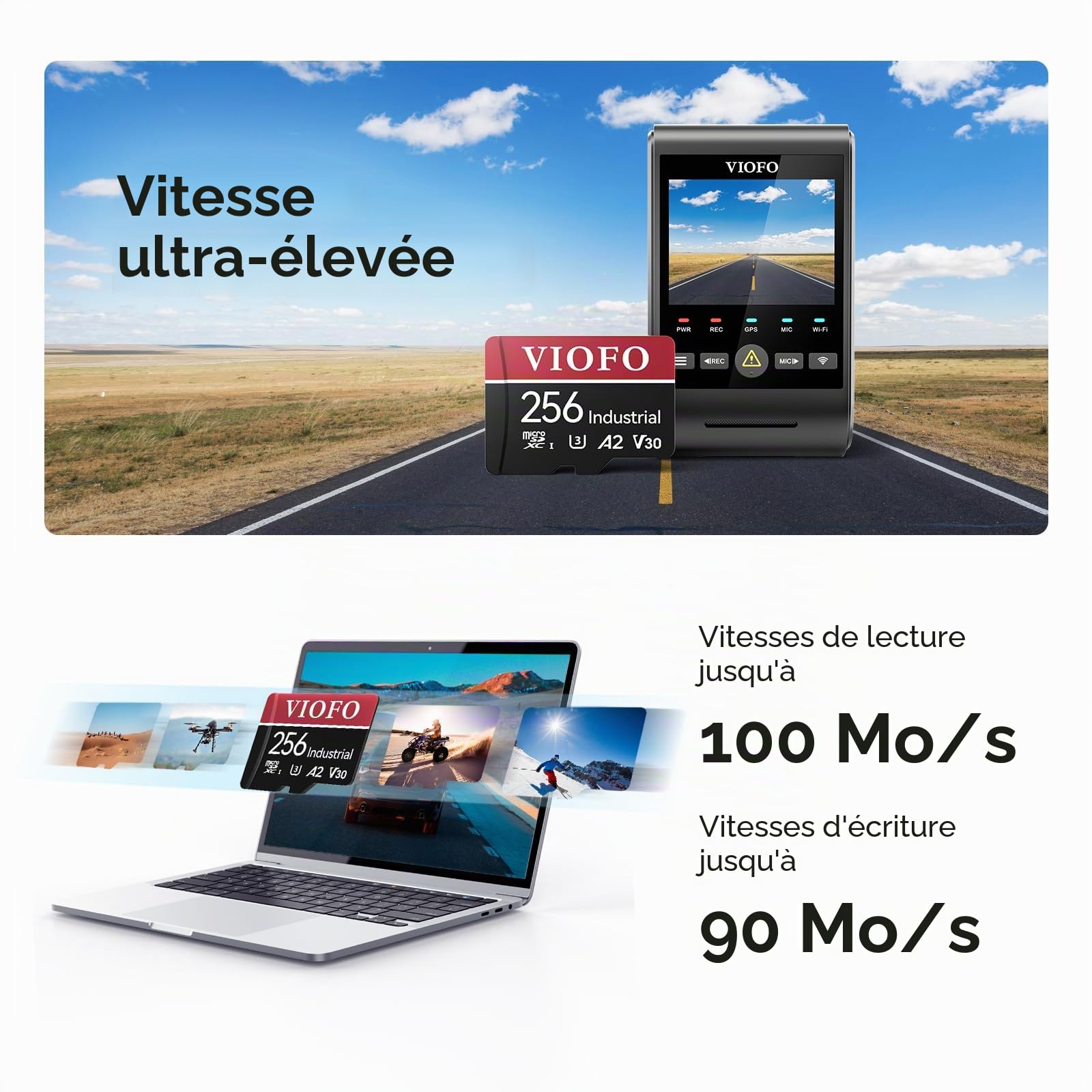 VIOFO Carte mémoire 256 Go haute vitesse avec adaptateur U3 compatible avec caméra embarquée 4K WiFi