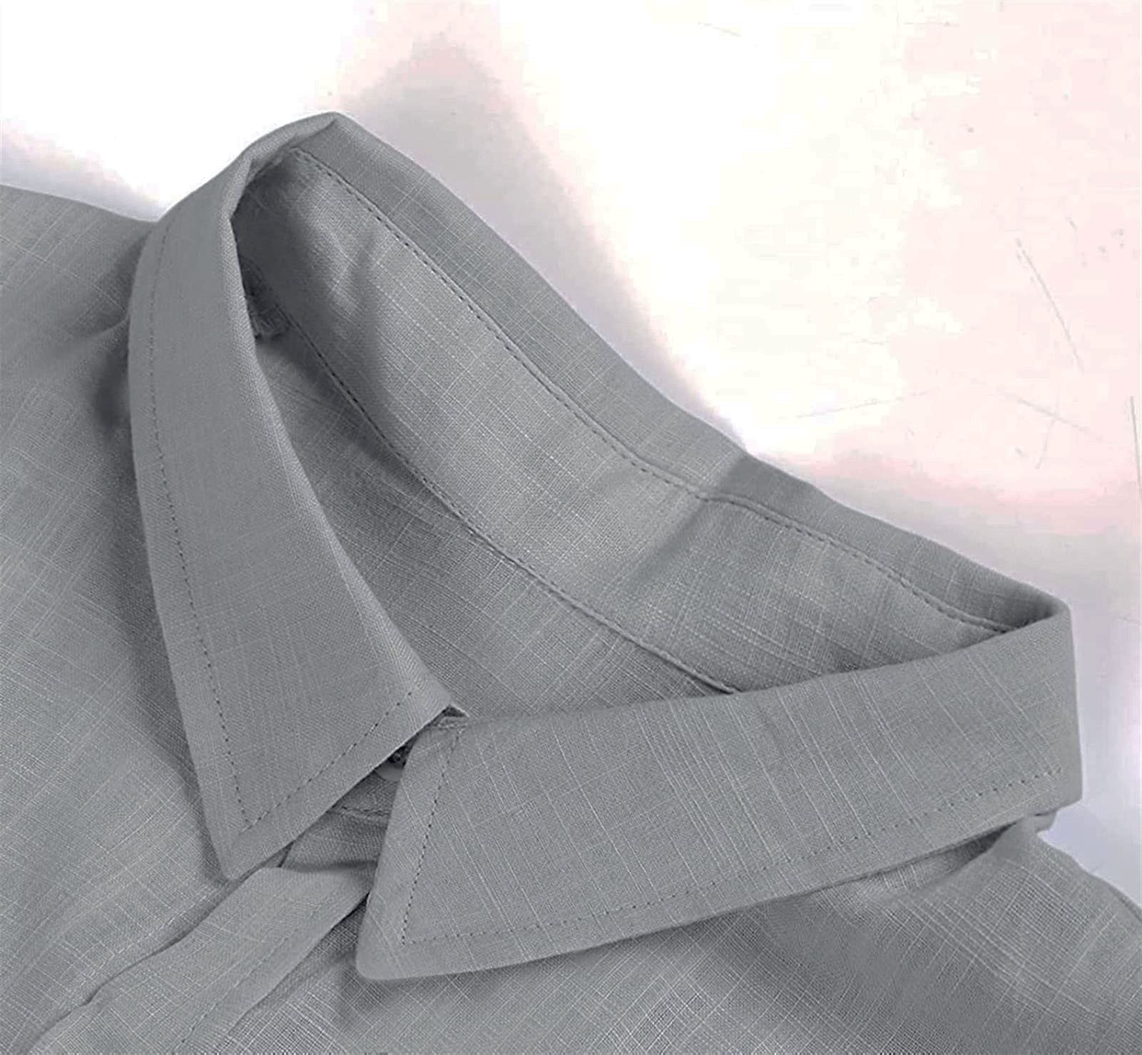 Men's Linen Button Down Shirts Casual Long Sleeve Summer Beach Shirt Tops Solid Roll-Up Sleeve Regular Fit Shirt (Grey,Large)