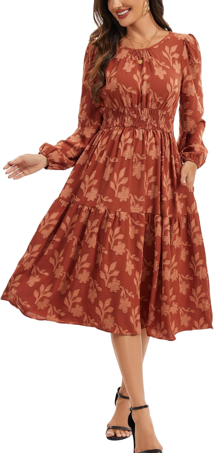 Kormei Women Casual Boho Floral Long Sleeve Midi Dress Round Neck Smocked Waist Tiered Flowy Fall Swing Short Dresses - Image 4