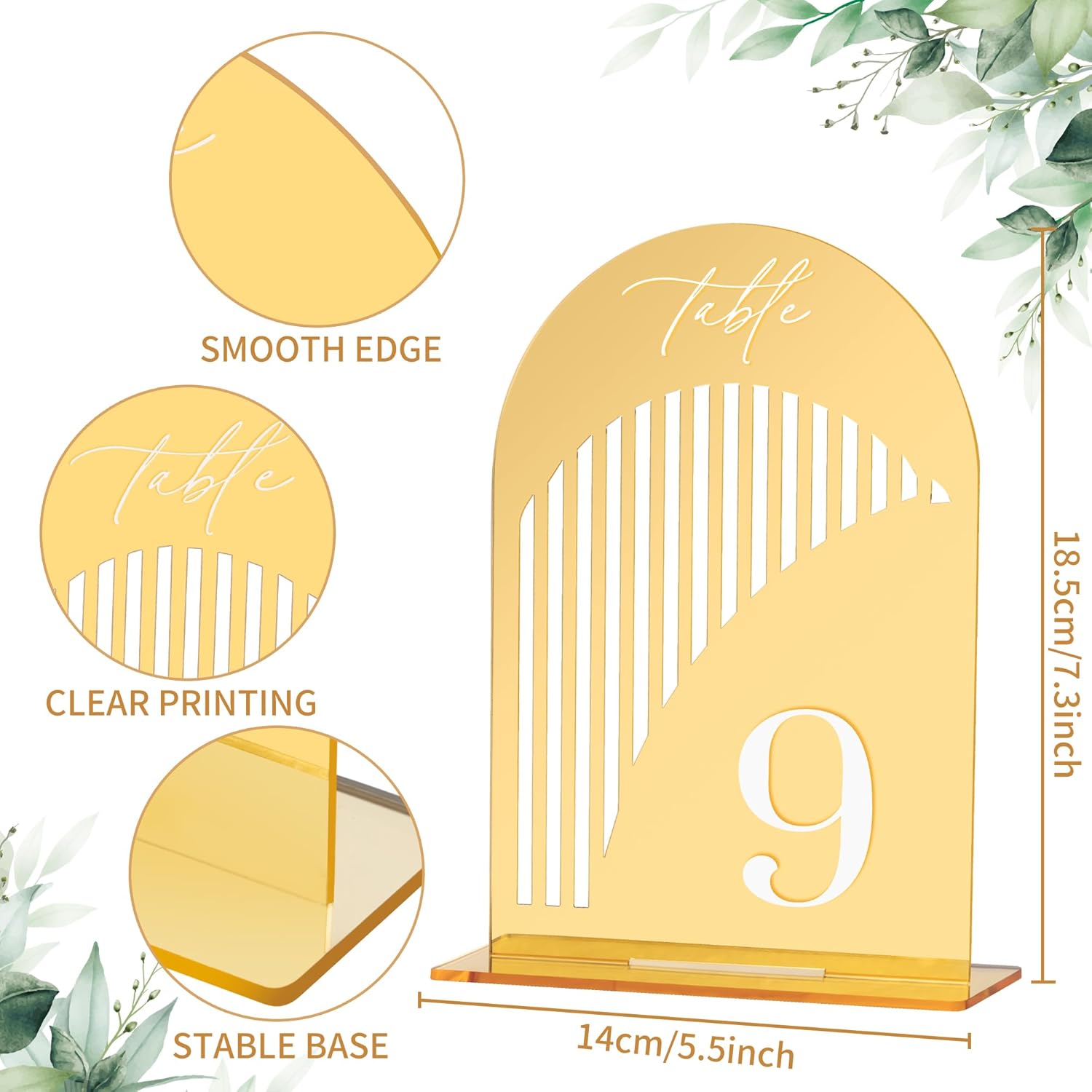 Gold Mirror Arch Wedding Table Numbers 1-10 w/Stand, Gold Mirror 5.5" x 7” Arch Acrylic Signs with Holders, Table Numbers for Wedding Reception, Centerpiece, Anniversary, Party, Event