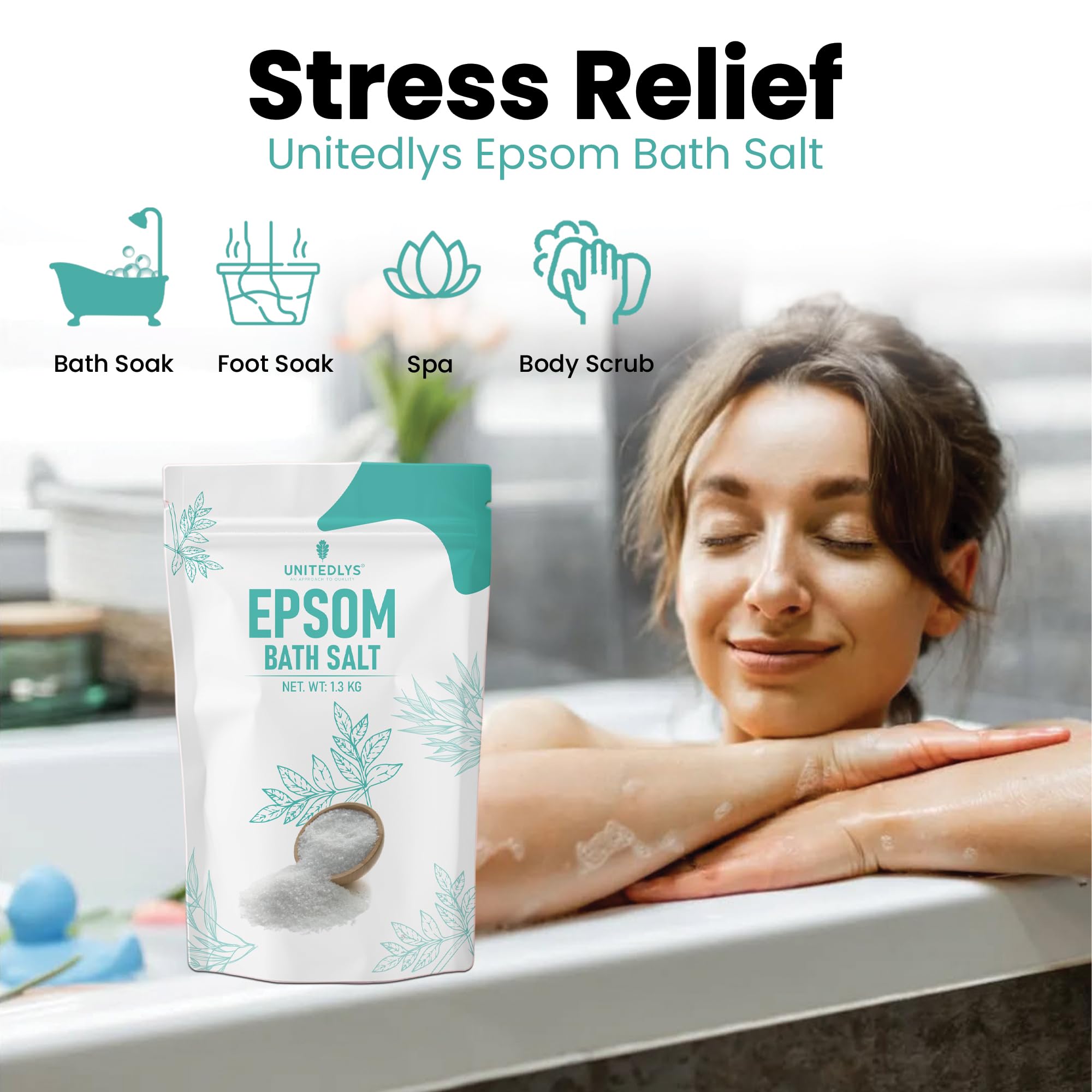 Unitedlys Epsom Bath Salt for Pain Relief Crystal 1.3Kg | 100% Pure Epsom Salt for Bath, Detox & Relaxation | Reduces Soreness Swelling & Stress | Epsom Salt for Foot Soaks & Full-Body Baths (1.3 KG) - Image 3 thumbnail