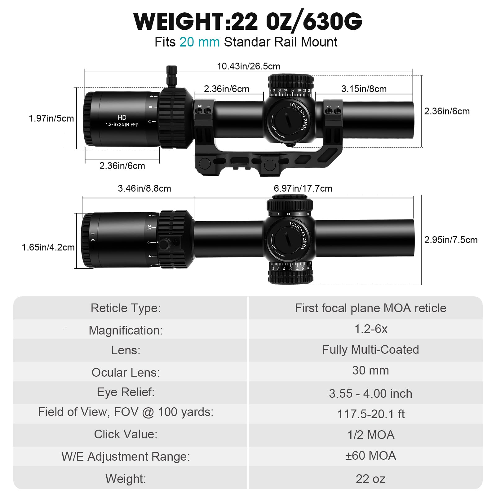 Paike 1.2-6x24 LPVO FFP Zielfernrohr, rot beleuchtetes BDC-Absehen, erste Bildebene, mit freitragender Montage