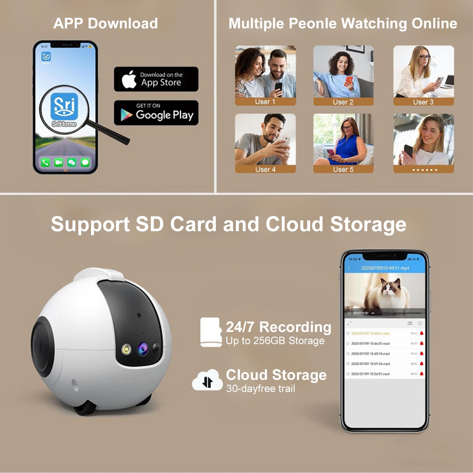Robot Camera, 2.5K Cámara Robot para Mascotas con Audio 2 vías, Visión Nocturna, Reconocimiento de Movimiento, Grabación de vídeo, Control de Aplicaciones para Gatos, Perros, Bebé, Ancianos
