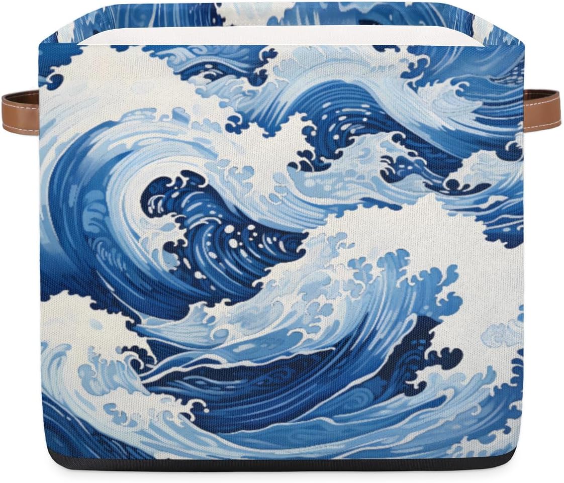 Sea Waves Cube Storage Baskets Fabric Blue Sea Storage Bins Boxes Collapsible Organizer Bin with Handles for Shelves,Toys, Towels, Closet,Shelf Basket