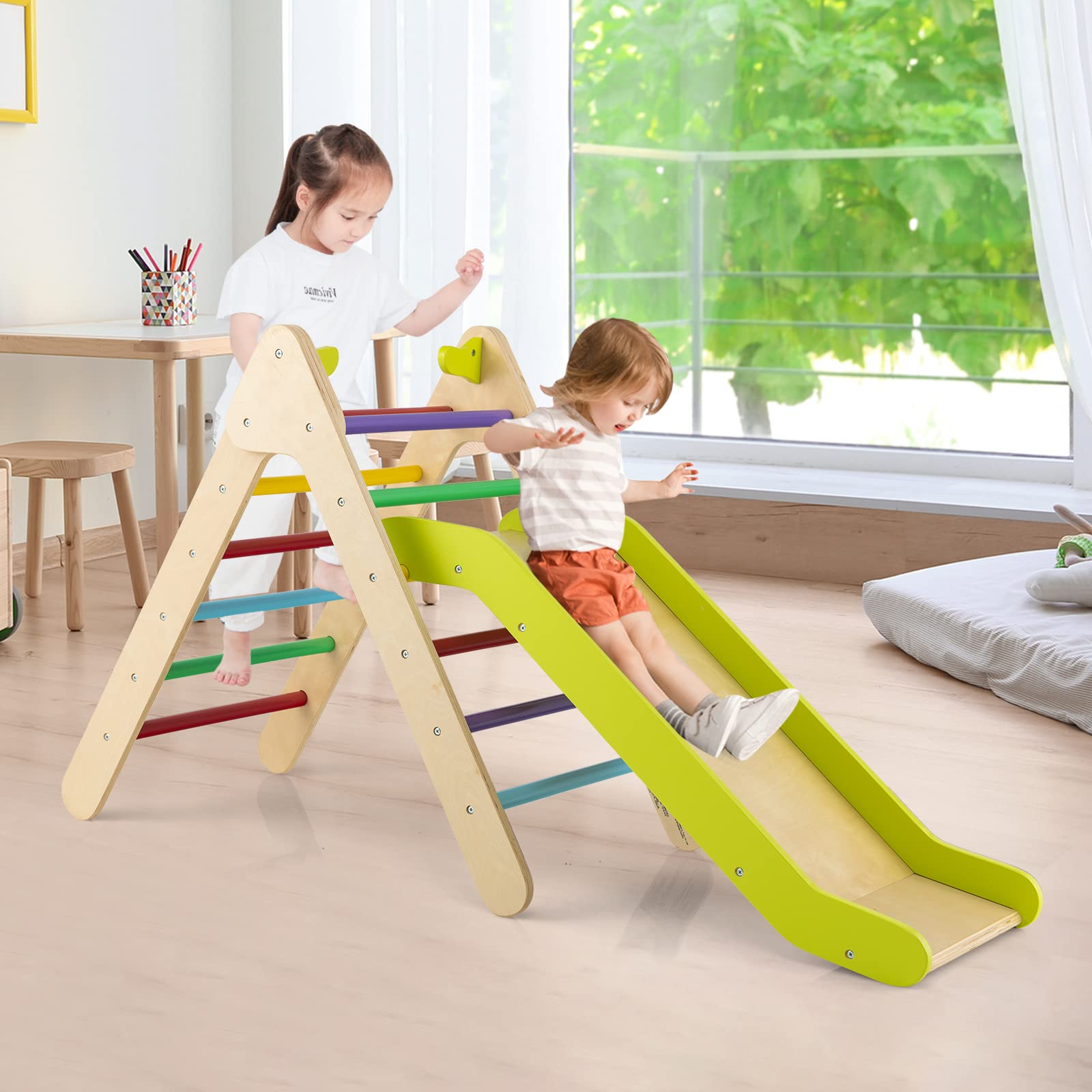 HOMASIS Triangolo da Arrampicata per Bambini con Scivolo Regolabile in Altezza, Triangolo Montessoriano per Bambini in Legno, Parco Giochi per Bambini da 1 Anno in Su, 86,5 x 73,5 x 48 cm (Colorato)