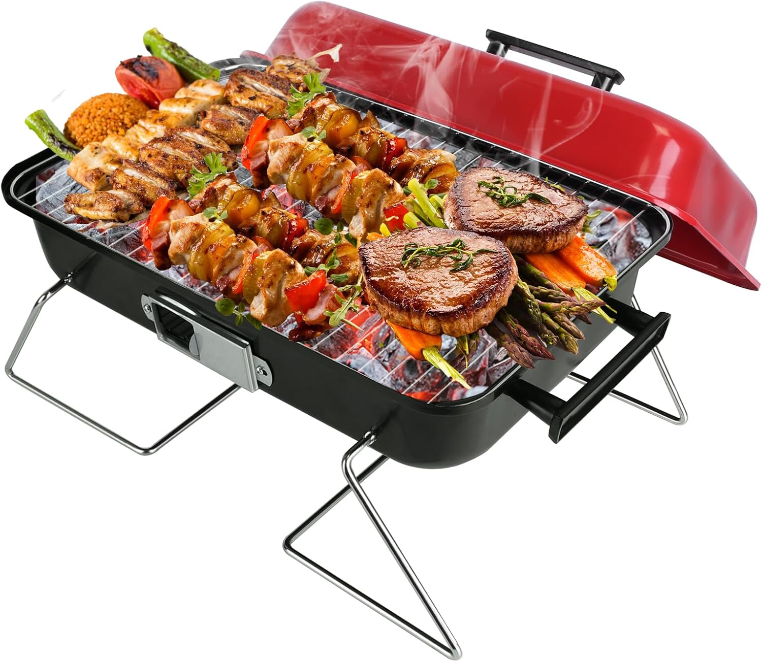 Portable Barbecue Grill with Lid, Small Charcoal Grill for Outdoor Cooking Folding Barbecue Grill with Vent System Table Top BBQ Grill for Camping Backyard Patio Picnic