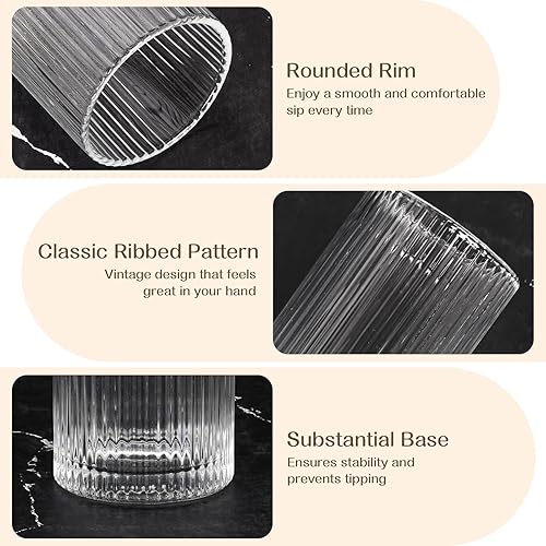 Miniatura 4 de Juego de 8 vasos de cristal vintage acanalados, 4 vasos altos de 12 onzas, vasos de 4 rocas de 14 onzas, vaso de cóctel acanalado, utilizado para