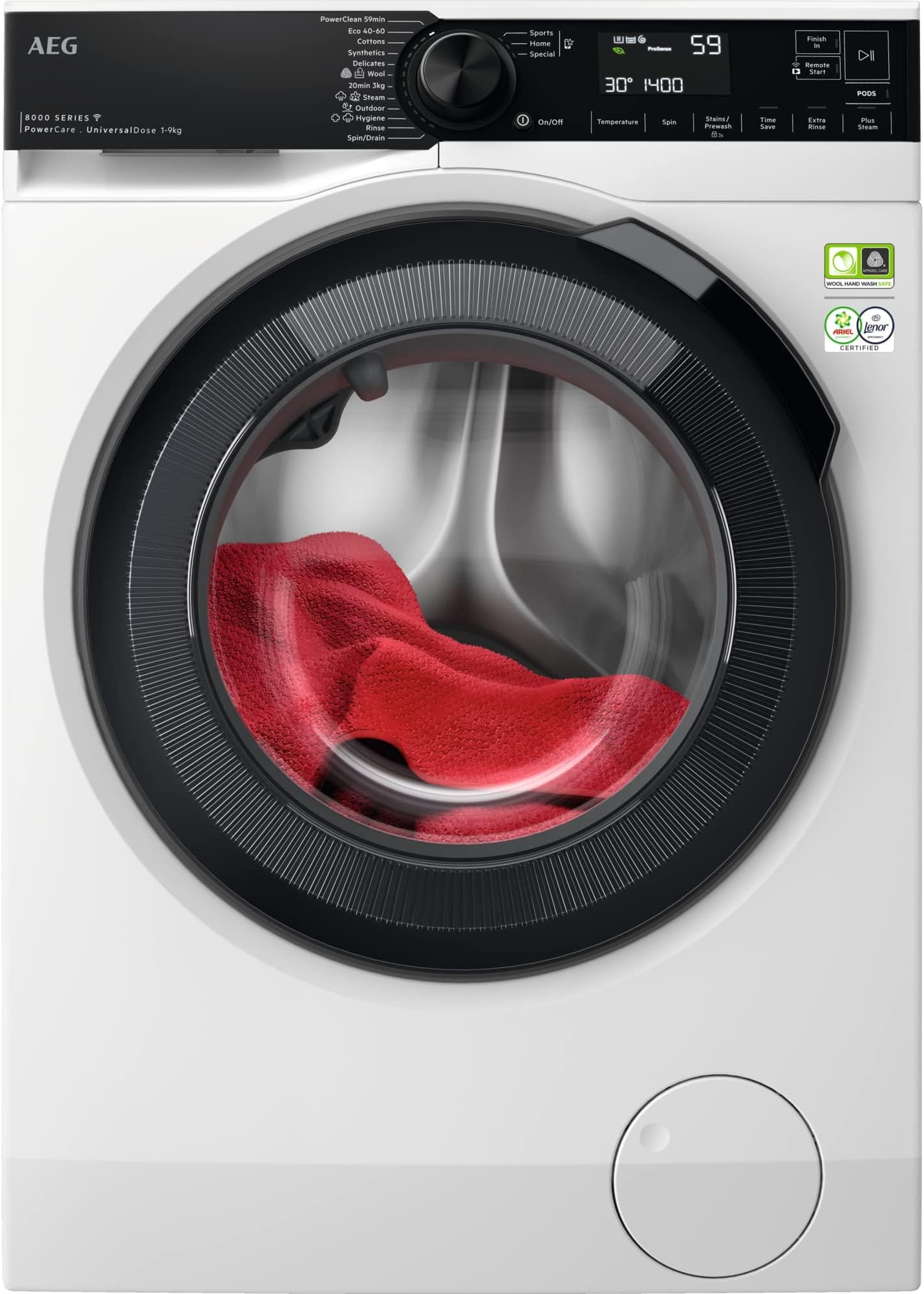 AEG 8000 Series Washing Machine LFR84946UC, PowerCare UniversalDose Freestanding Washing Machine, Superior washing in less than 1 hour, WiFi Connected, 9kg Load, 1400rpm Spin, Energy Class A, White