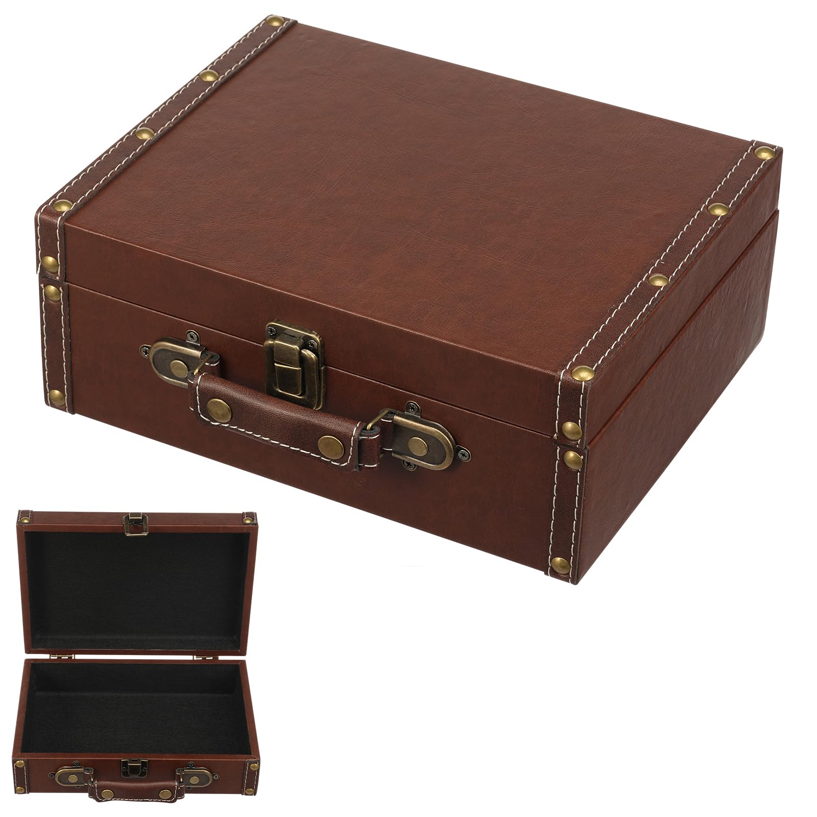 Gatphy Vintage Leather Suitcase Decorative Travel Trunk Retro Photography Prop, Solid Wood Leather Trunk Luggage with Buckle Closure for Travel, Jewelry, Photo, Clothing, Souvenirs(26x10x21cm)