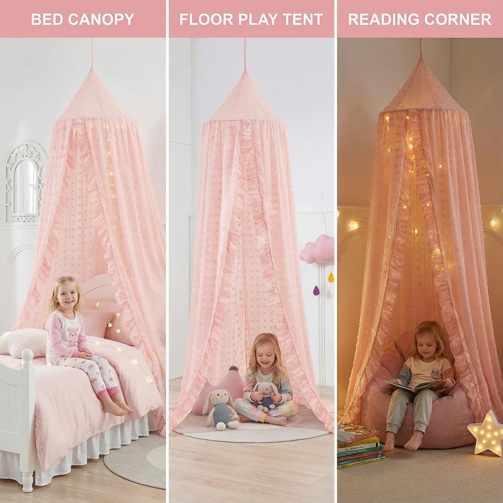 ZIQINPSQ Betthimmel für Mädchen und Kinder mit Pompon, Spitzen-Baldachin, Chiffon, Betthimmel, Bettvorhänge, Rüschen, Prinzessinnen-Leseecke für Mädchen, Raumdekoration (Rosa)
