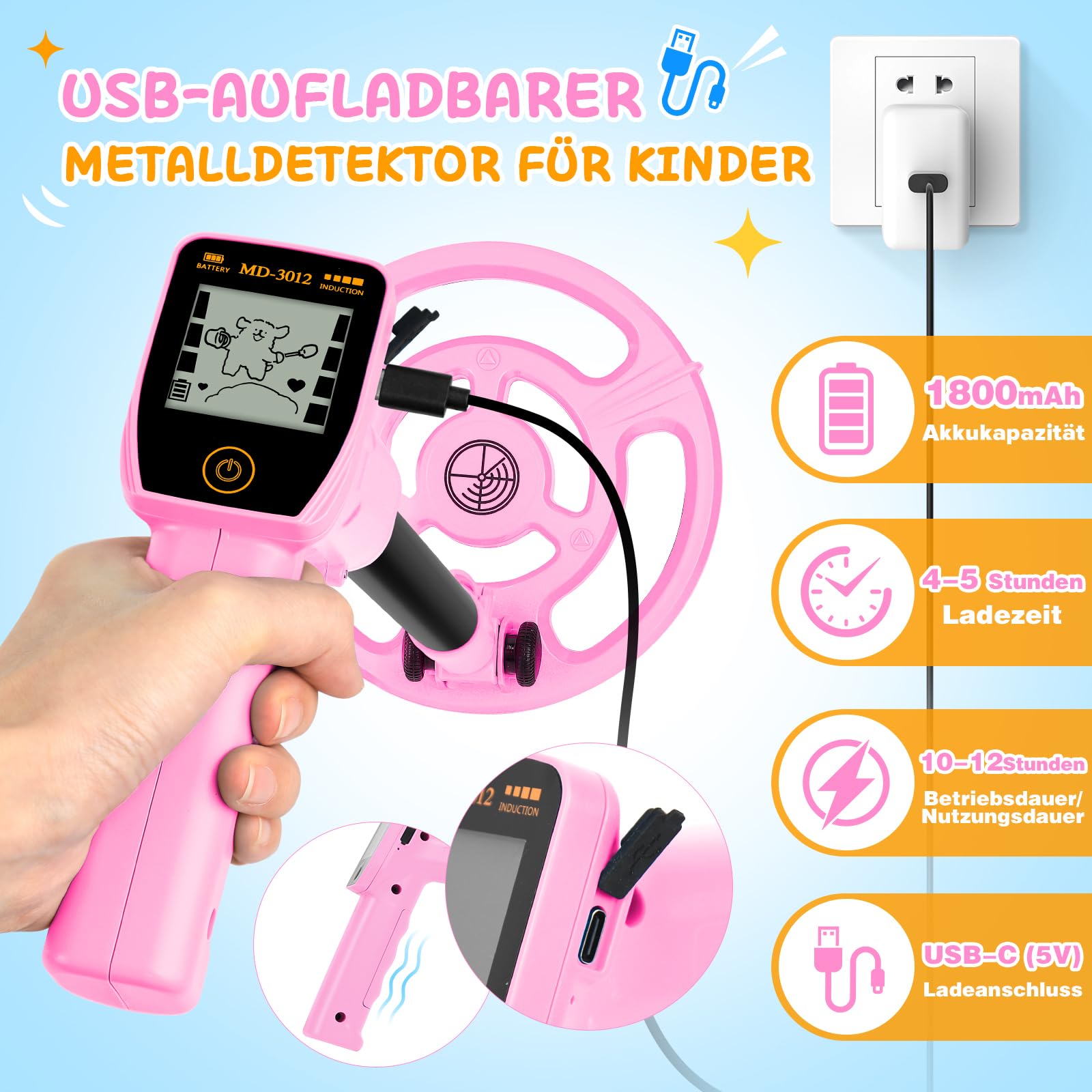 Metalldetektor Kinder USB-wiederaufladbar, Metalldetektor für Kinder, 7,36" wasserdichte Suchspule, 61-89cm Verstellbarer Griff mit LCD-Display, Strandschatzsuche Outdoor-Spielzeug für 8-12 (Rosa)