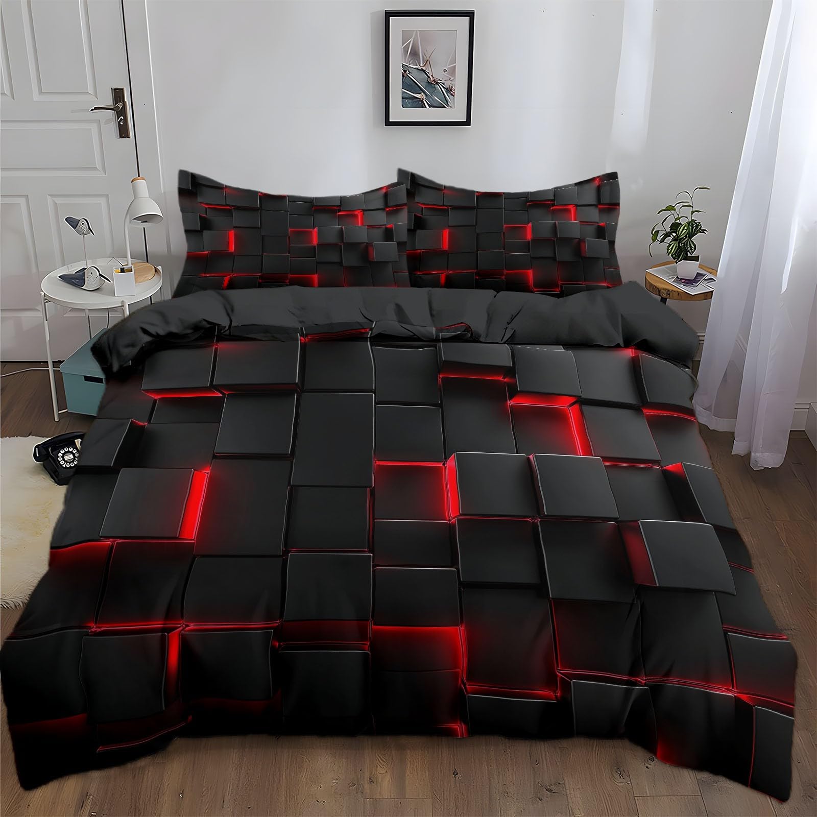 Juego de Funda Nordica Cama 135/150 Patrón Cubos Negros Y Rojos 3D Fundas Edredón, 220 x 240 cm Funda Nórdica y 2 x Fundas de Almohada de 50x75 cm Microfibra Suave Transpirable, Gris Oscuro