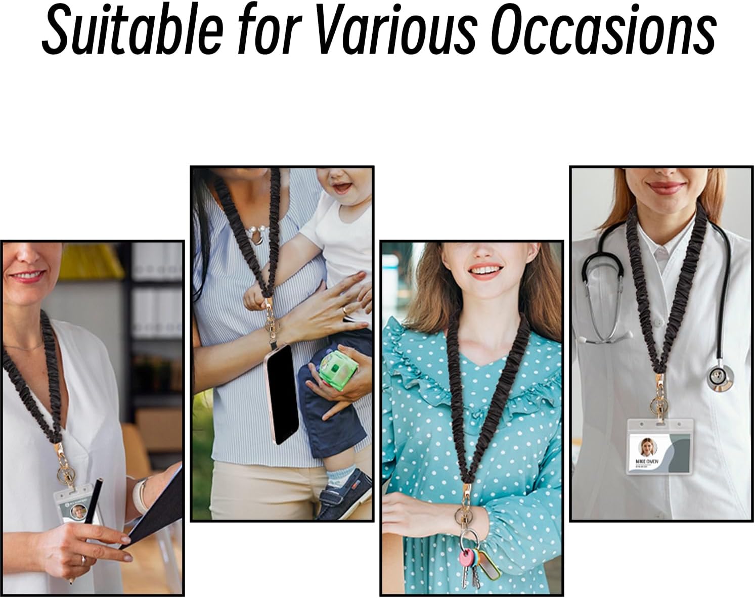 Scrunchie Lanyard for Phone & ID Badges, Stretchy Neck Strap Black image 4