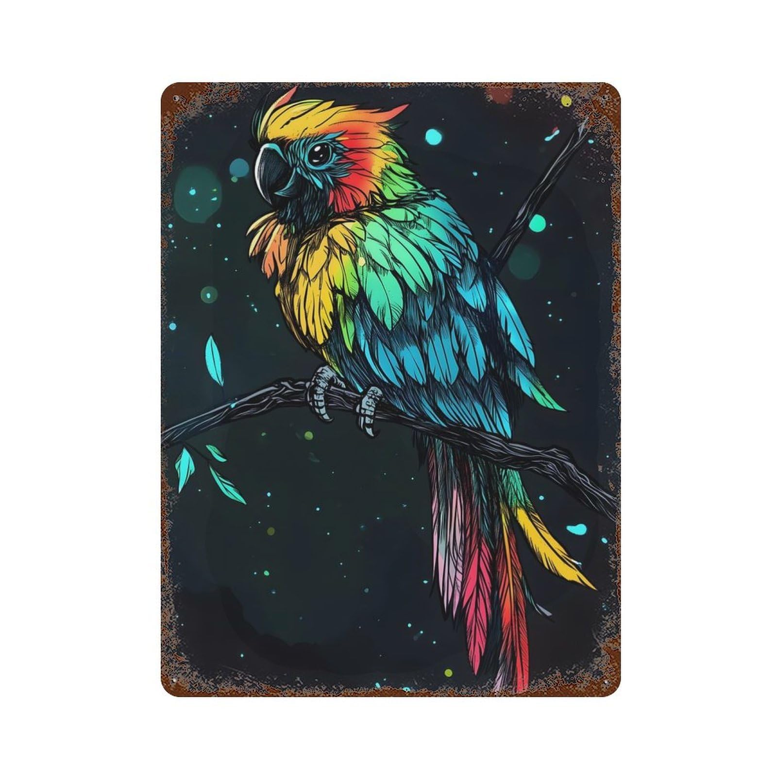 Rainbow Parrot on Branch 15.7"x11.8" Weathered Tin Sign, Shabby Chic Decor for Farmhouse, Kitchen And Entryway Decor