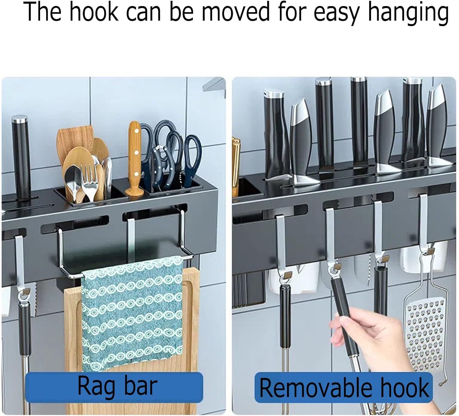 Wall-Mounted Cutlery Rack Wall Utensil Organizer Free Punching Household Multifunctional Knife Storage Rack,Black,50cm