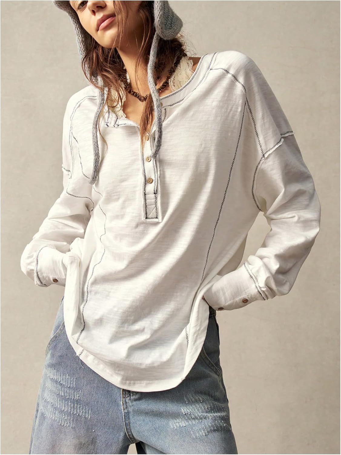 SHENHE Women's Oversized Sweatshirt Long Sleeve Button Up Henley Neck Tunic Top Pullover - Image 5
