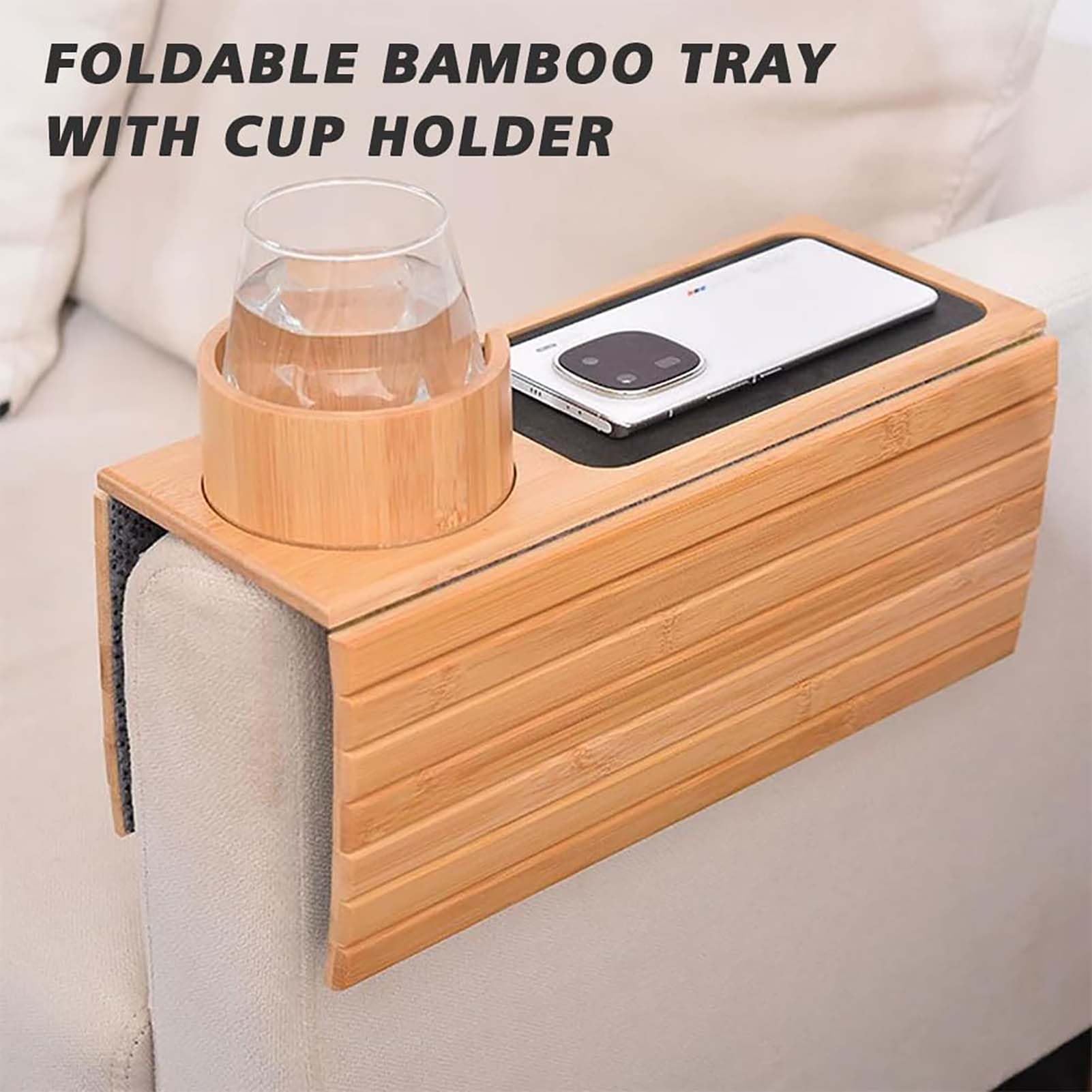Bandeja de madera 2 en 1 para brazo de sofá y soporte para tazas, diseño antideslizante para mandos a distancia de CA y teléfonos, accesorio perfecto para sofá para mayor comodidad y comodidad