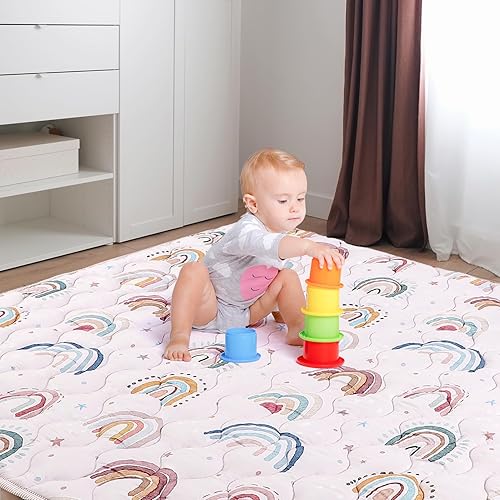 Miniatura 4 de Tapete de juego para bebé para piso, tapete acolchado de 50 x 50 pulgadas para bebé, tapete suave para gatear, antideslizante, arcoíris rosa
