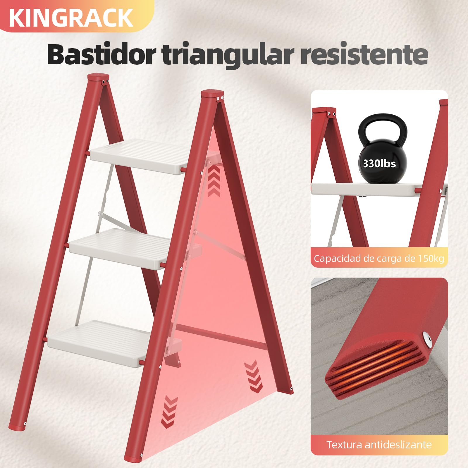 KINGRACK Escalera Plegable 3 peldaños sin barandilla, 150KG Rojo