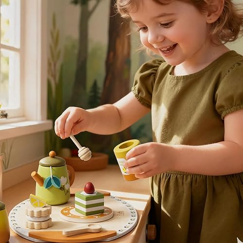 Miniatura 2 de Timber Lulu - Juego de té para niños pequeños de 3 a 5 años, juego de comida de madera para niños, juego de simulación de fiesta de té del bosque