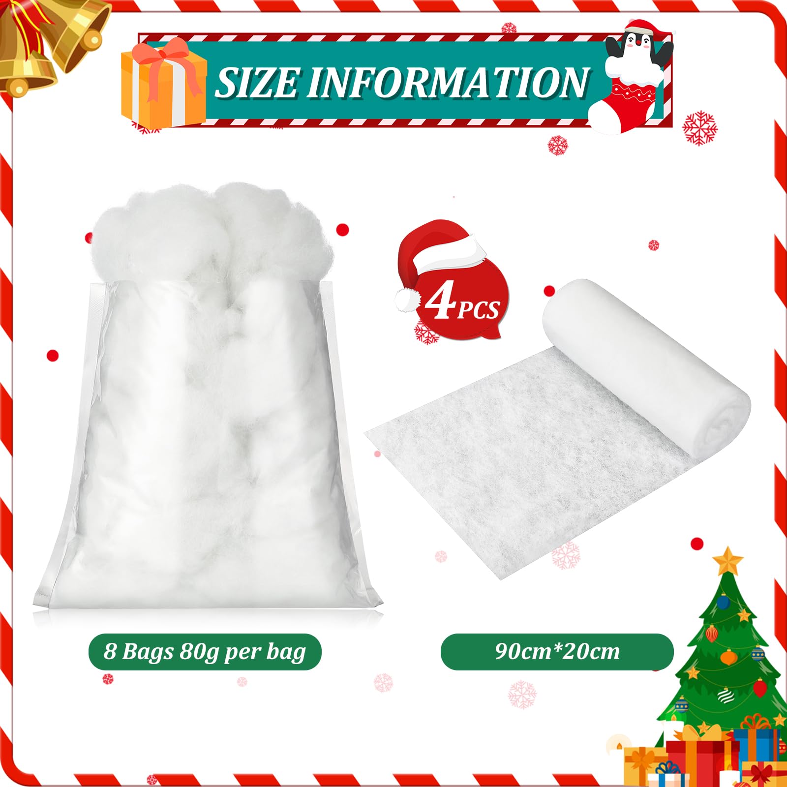 Gejoy Lot de 12 décorations de Noël en fausse neige, y compris 8 fibres de neige artificielles moelleuses, 4 pièces de 88,9 x 20,3 cm, fausse couverture de neige, décoration de village pour décoration