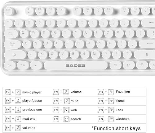 Miniatura 8 de Combo de teclado y mouse de máquina de escribir retro blanco, bonito teclado inalámbrico con teclas redondas retro, 2.4 GHz, teclado cremoso y