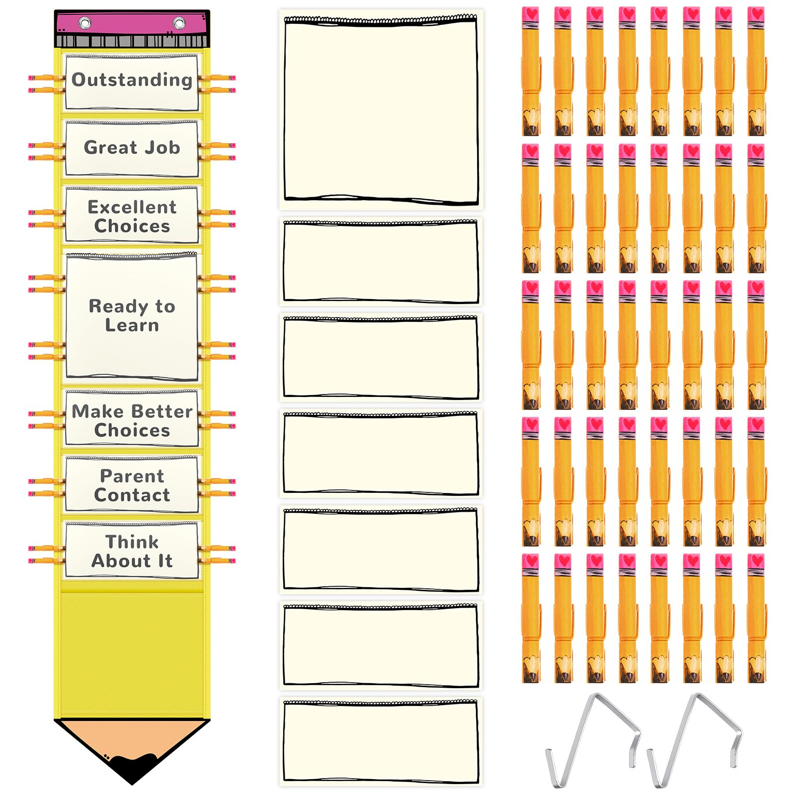 AmazingSpark Student Behavior Clipart Chart for Classroom Management Pencil Shape Kids Tracking Chart Hanging Creative Bulletin Board with 40 Pencil Printed Clips for School Preschool Child Care