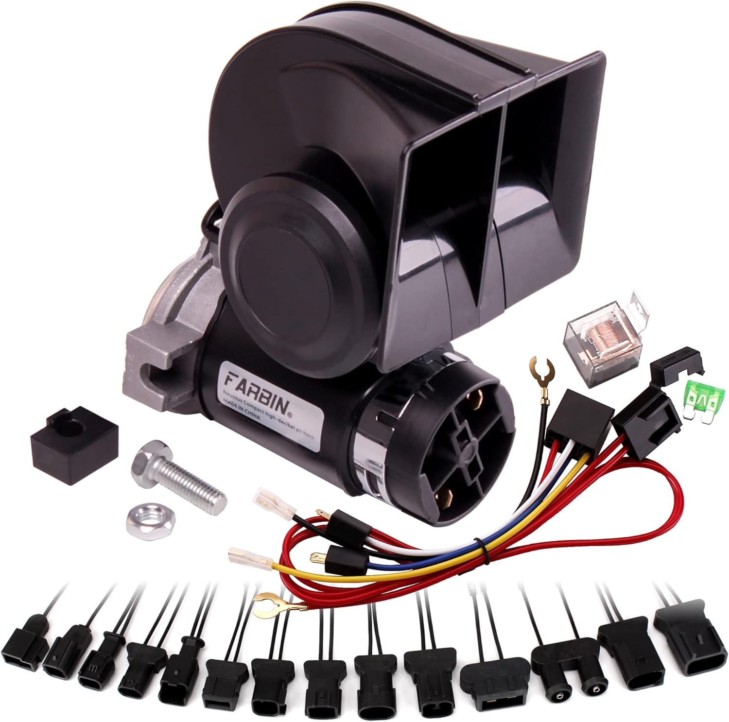 FARBIN Air Horn with Compressor,Compact Electric Car Horn 12V 150db Super Loud,with Relay Wiring Harness and 2Pcs Connector Harnesses Cable for Toyota, Lexus, Subaru, red flag and other models series