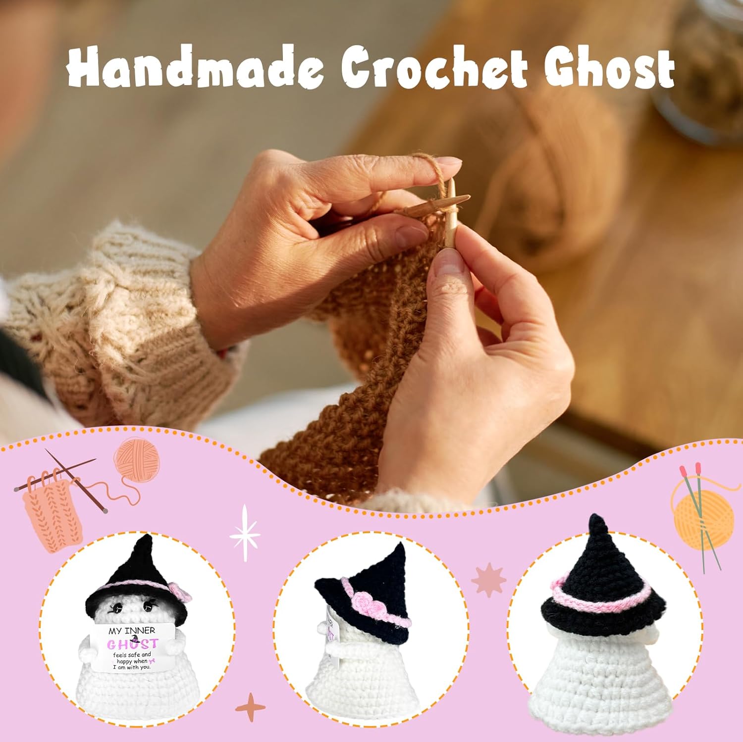 Halloween Ghost Crochet Doll with Positive Card-Cute Knitted Ghost Fun Gifts for Halloween & Thanksgiving Inspirational Card Emotional Support Ornaments for Room Office Desktop Decoration - Image 2