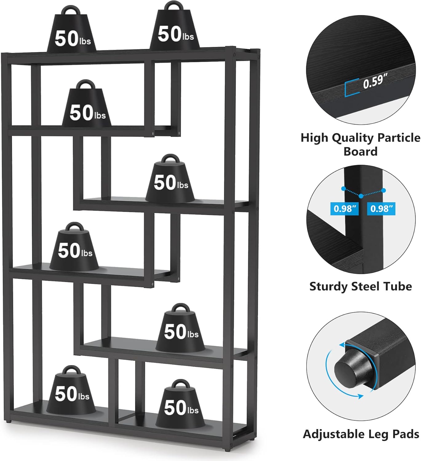 Tribesigns Way to Origin 6-Shelf Modern Bookshelf, Industrial Etagere Bookcase, 69 Inch Tall Storage Display Staggered Shelves with Sturdy Metal Frame, Black