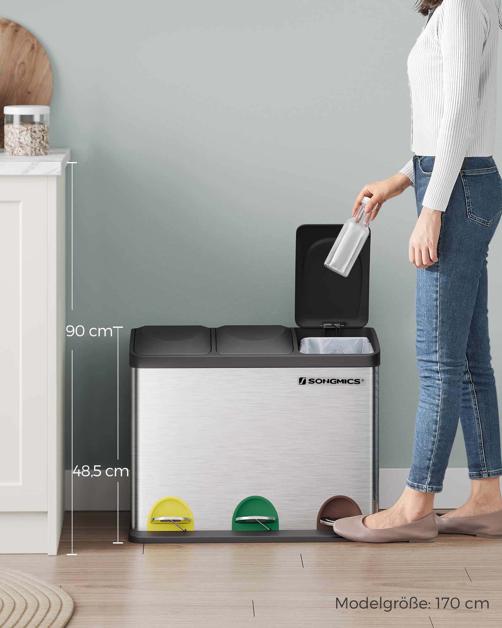 SONGMICS Mülleimer Küche 45 Liter Treteimer 3 Fächer Mülltrennsystem Metall Stahl LTB45L